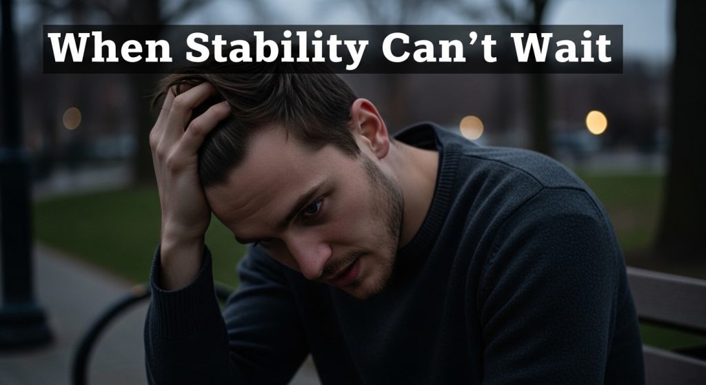 Person with head in hand with words “When Stability Can’t Wait”