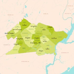 Union County, NJ, vector map with cities highlighted
